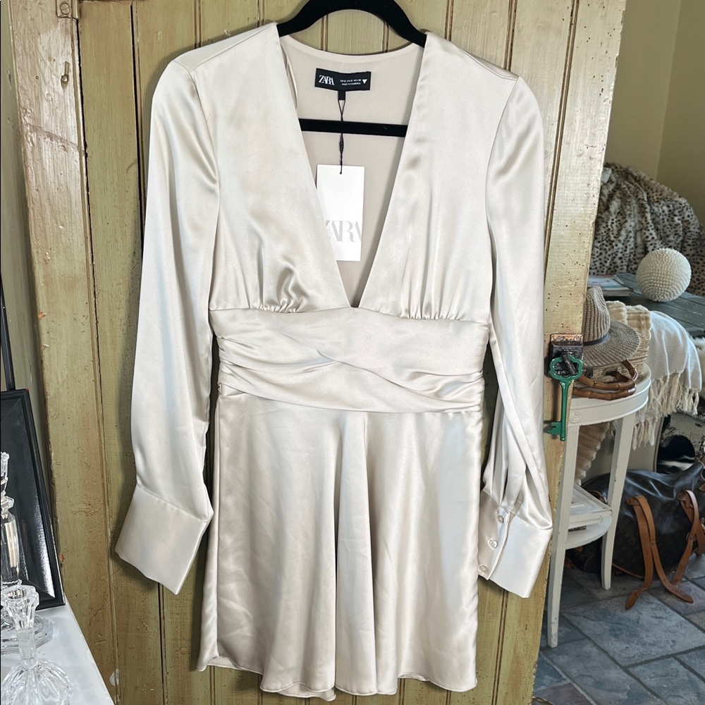 ZARA SATIN grey cream Satin Deep V-Neck Dress